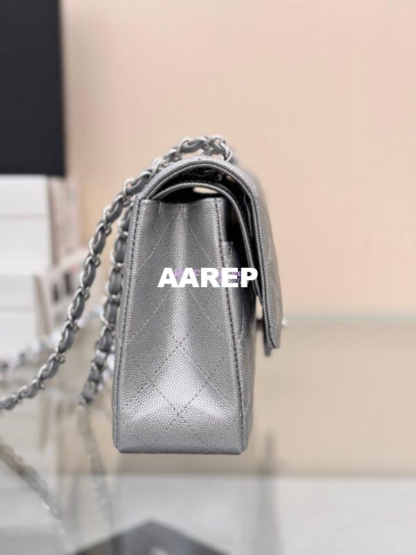 Replica Chanel CF Medium Classic Double Flap Bag Quilted Metallic Caviar Silver 7