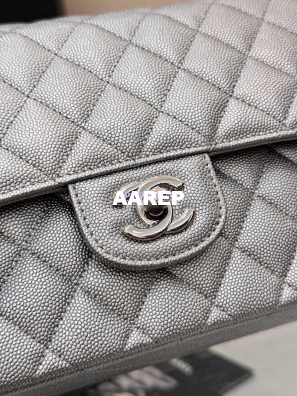 Replica Chanel CF Medium Classic Double Flap Bag Quilted Metallic Caviar Silver 8
