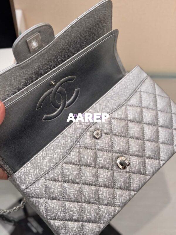 Replica Chanel CF Medium Classic Double Flap Bag Quilted Metallic Caviar Silver 10
