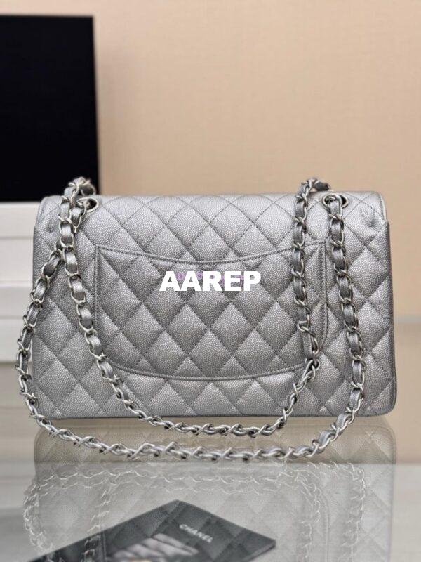 Replica Chanel CF Medium Classic Double Flap Bag Quilted Metallic Caviar Silver 11
