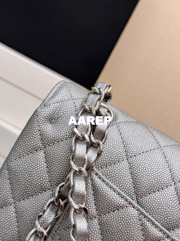 Replica Chanel CF Medium Classic Double Flap Bag Quilted Metallic Caviar Silver 12