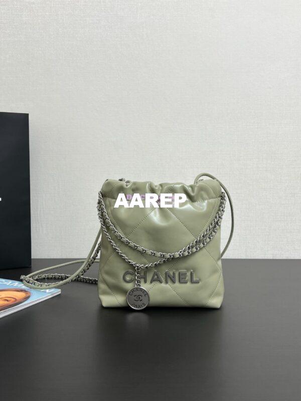 Replica Chanel Mini 22 Handbag Shiny Calfskin & Silver Metal AS3980 Matcha