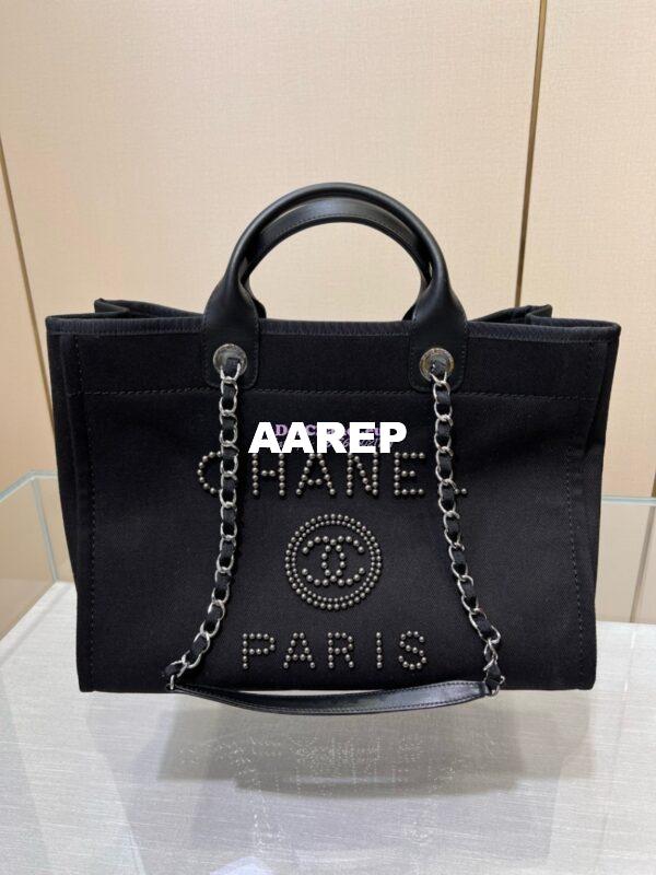 Replica Chanel Deauville Mixed Fibers With Pearl Shopping Bag A66941 Black 2
