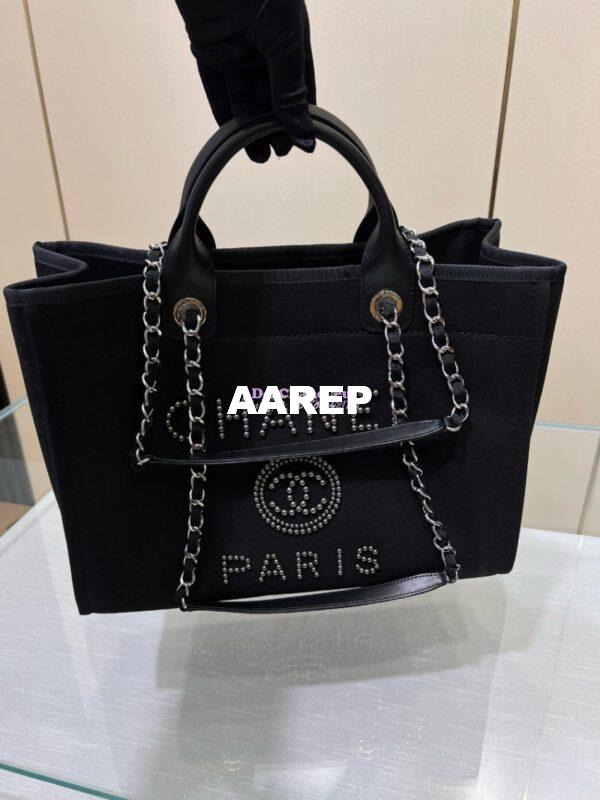 Replica Chanel Deauville Mixed Fibers With Pearl Shopping Bag A66941 Black 3