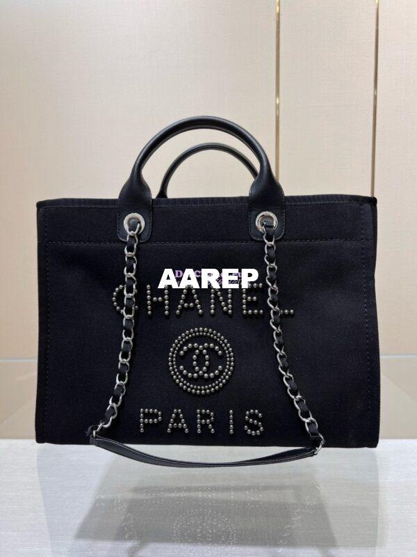 Replica Chanel Deauville Mixed Fibers With Pearl Shopping Bag A66941 Black 4