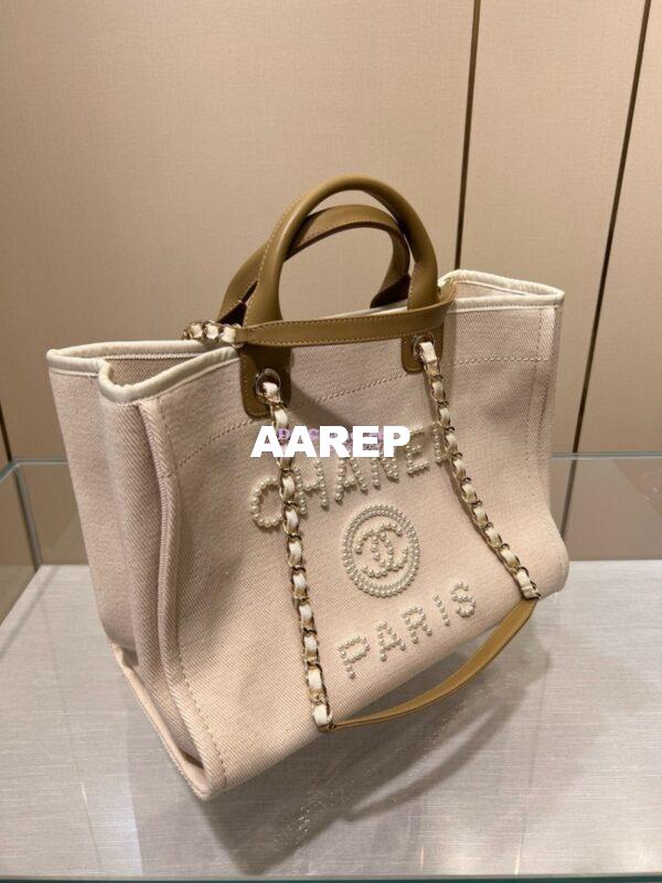 Replica Chanel Deauville Mixed Fibers With Pearl Shopping Bag A66941 Beige 2