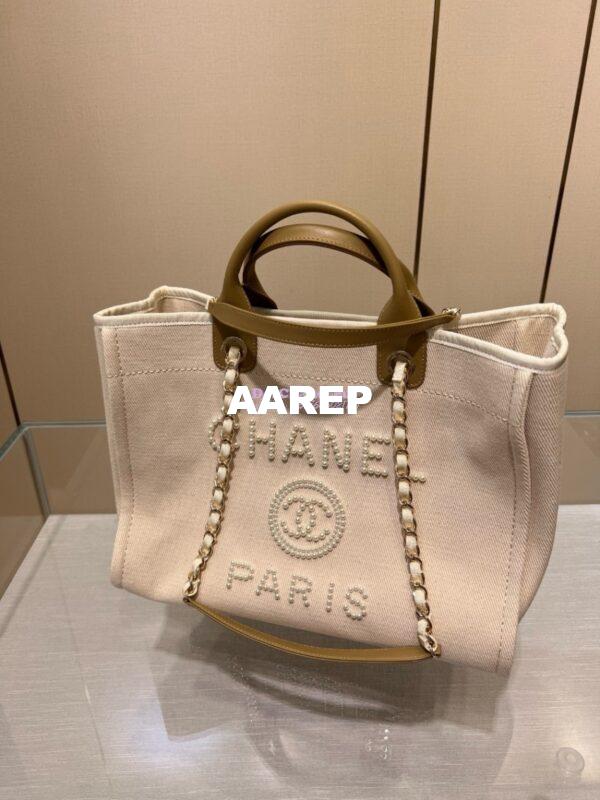 Replica Chanel Deauville Mixed Fibers With Pearl Shopping Bag A66941 Beige 3