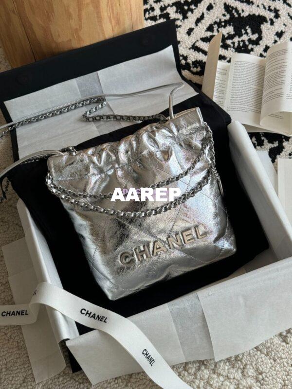 Replica Chanel Mini 22 Handbag Metallic Calfskin & Silver Metal AS3980 Metallic Silver