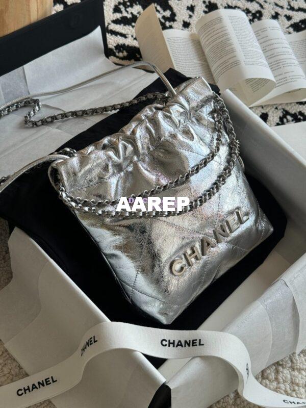Replica Chanel Mini 22 Handbag Metallic Calfskin & Silver Metal AS3980 Metallic Silver 2