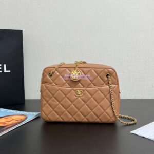 Replica Chanel 24K Camera Case Shiny Lambskin AS5187 Dark Beige