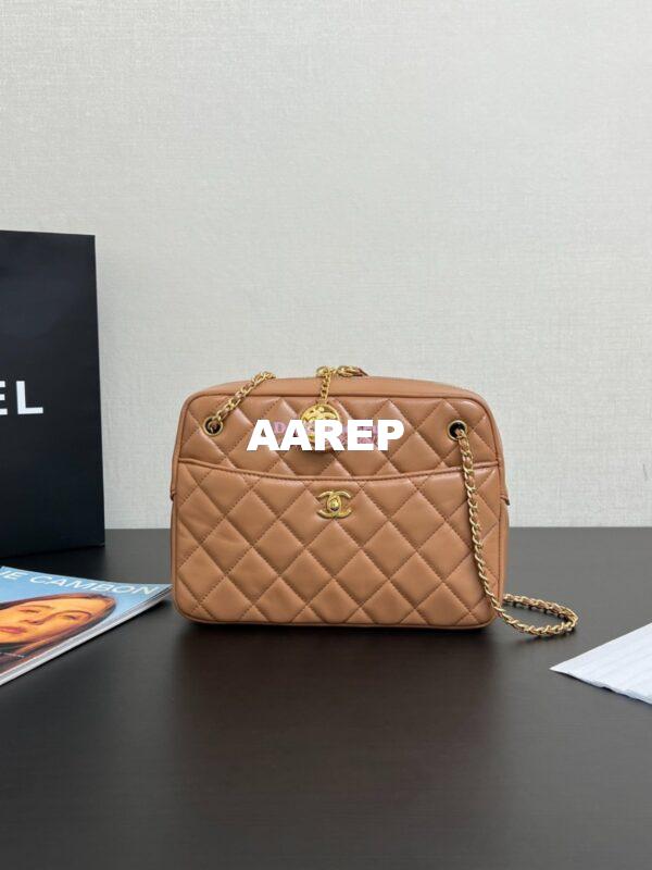 Replica Chanel 24K Camera Case Shiny Lambskin AS5187 Dark Beige 3