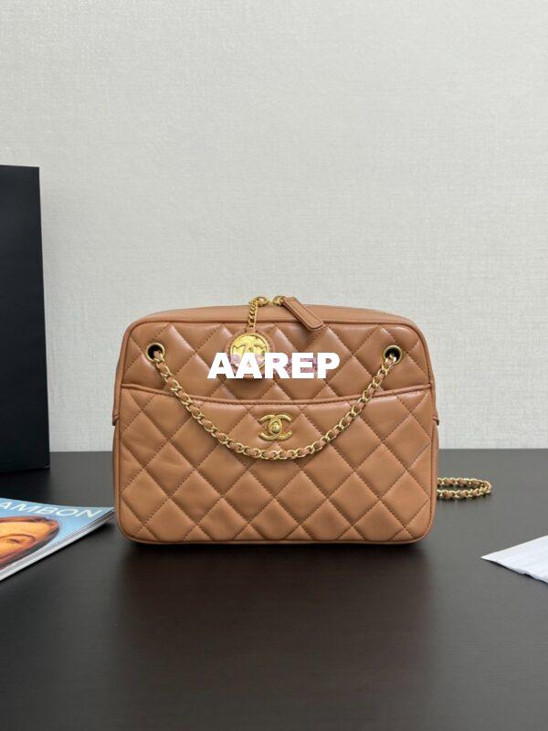 Replica Chanel 24K Camera Case Shiny Lambskin AS5187 Dark Beige 4