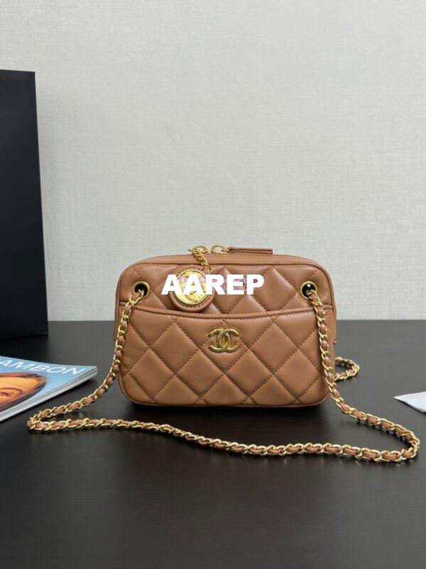 Replica Chanel 24K Mini Camera Case Shiny Lambskin AS5190 Dark Beige 3