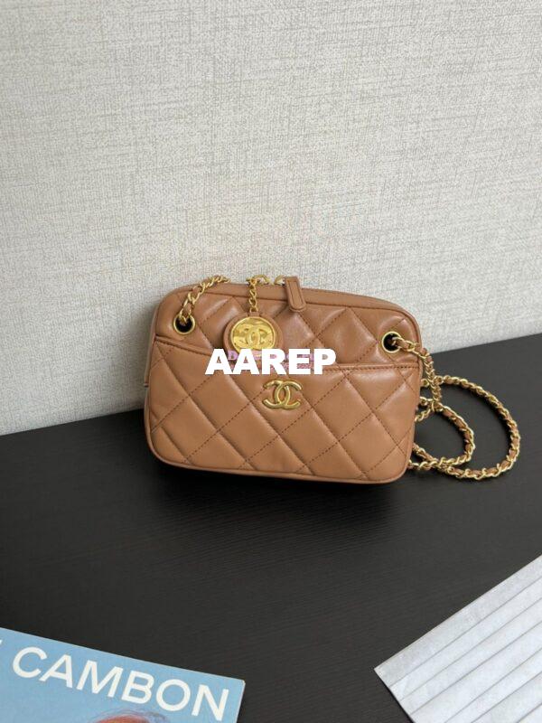 Replica Chanel 24K Mini Camera Case Shiny Lambskin AS5190 Dark Beige 4