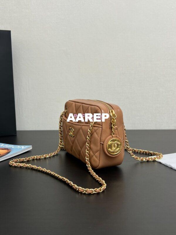 Replica Chanel 24K Mini Camera Case Shiny Lambskin AS5190 Dark Beige 5