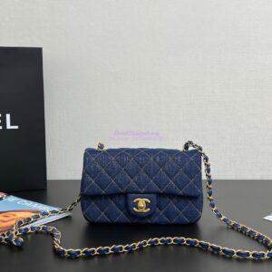 Replica Chanel Small Classic Flap CF Bag Denim With Contrast Stitched Matte Gold Hardware 20cm Blue