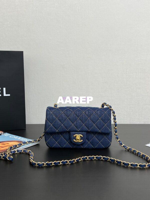 Replica Chanel Small Classic Flap CF Bag Denim With Contrast Stitched Matte Gold Hardware 20cm Blue