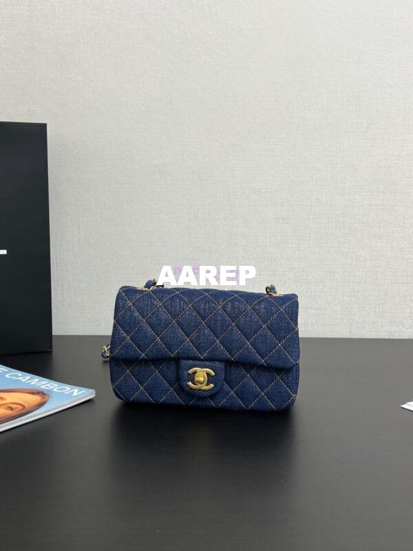 Replica Chanel Small Classic Flap CF Bag Denim With Contrast Stitched Matte Gold Hardware 20cm Blue 2