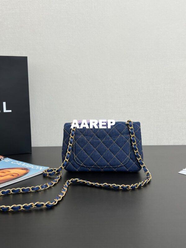 Replica Chanel Small Classic Flap CF Bag Denim With Contrast Stitched Matte Gold Hardware 20cm Blue 3