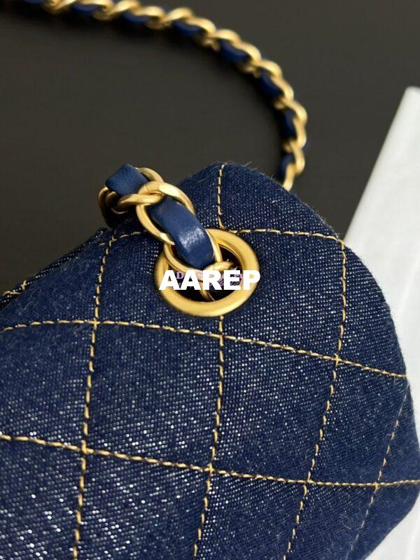 Replica Chanel Small Classic Flap CF Bag Denim With Contrast Stitched Matte Gold Hardware 20cm Blue 4