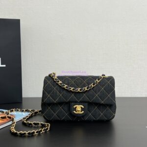 Replica Chanel Small Classic Flap CF Bag Denim With Contrast Stitched Matte Gold Hardware 20cm Black