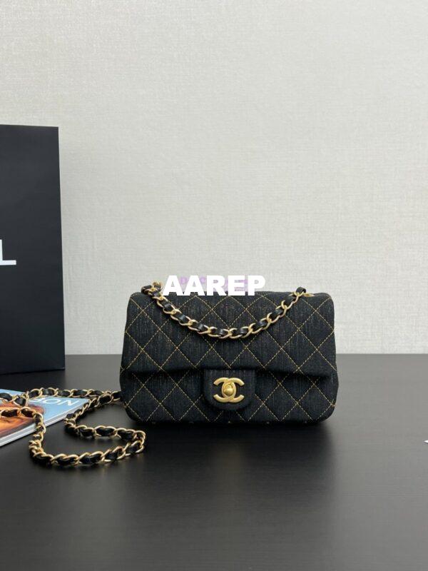 Replica Chanel Small Classic Flap CF Bag Denim With Contrast Stitched Matte Gold Hardware 20cm Black 3