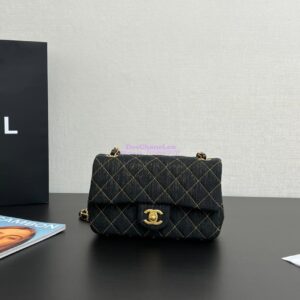 Replica Chanel Small Classic Flap CF Bag Denim With Contrast Stitched Matte Gold Hardware 20cm Black 2