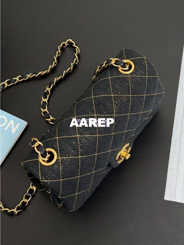 Replica Chanel Small Classic Flap CF Bag Denim With Contrast Stitched Matte Gold Hardware 20cm Black 5