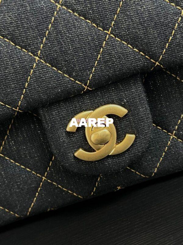 Replica Chanel Small Classic Flap CF Bag Denim With Contrast Stitched Matte Gold Hardware 20cm Black 7