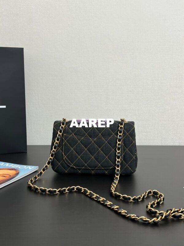 Replica Chanel Small Classic Flap CF Bag Denim With Contrast Stitched Matte Gold Hardware 20cm Black 8