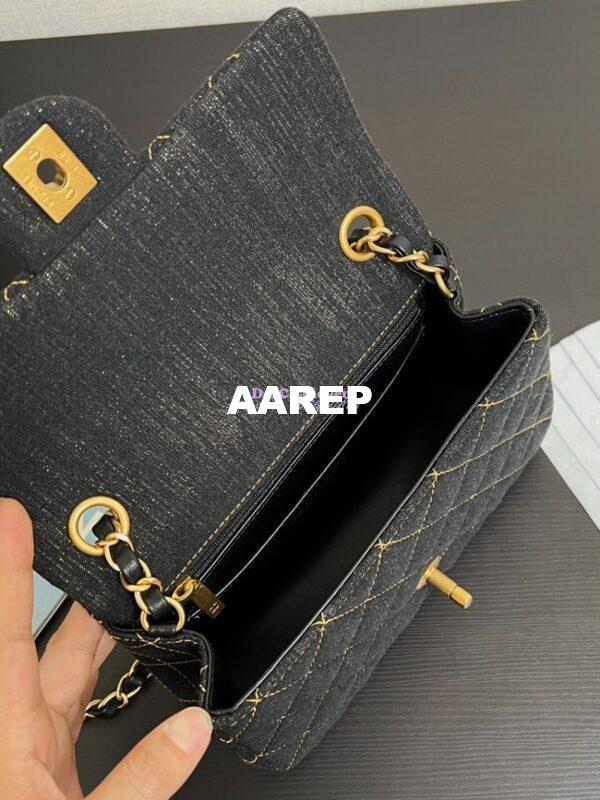Replica Chanel Small Classic Flap CF Bag Denim With Contrast Stitched Matte Gold Hardware 20cm Black 10
