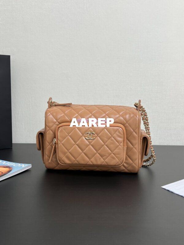 Replica Chanel 24P Medium Camera Case Shiny Crumpled Lambskin AS5156 Dark Beige 3
