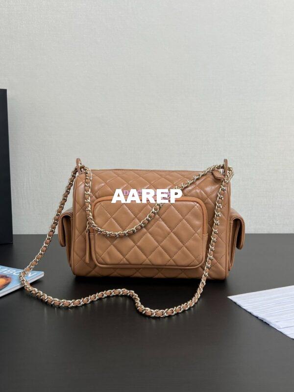 Replica Chanel 24P Medium Camera Case Shiny Crumpled Lambskin AS5156 Dark Beige 6