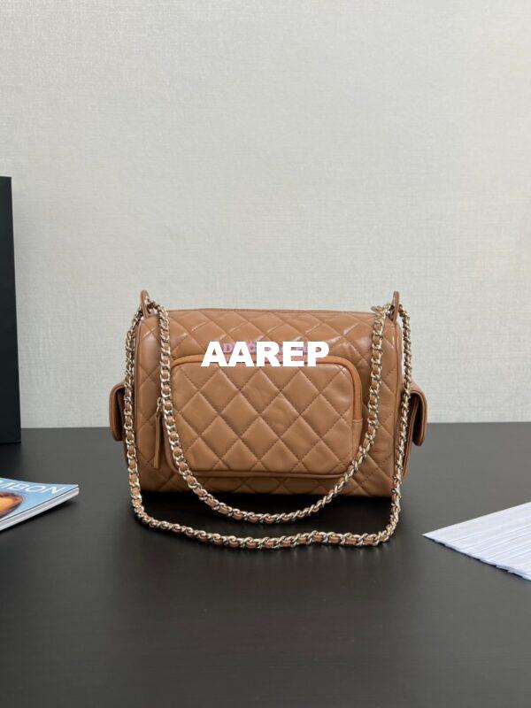 Replica Chanel 24P Medium Camera Case Shiny Crumpled Lambskin AS5156 Dark Beige 7