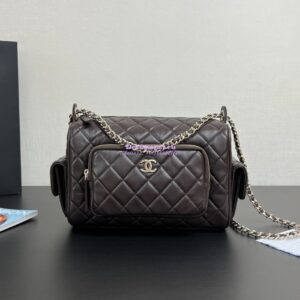 Replica Chanel 24P Medium Camera Case Shiny Crumpled Lambskin AS5156 Dark Brown