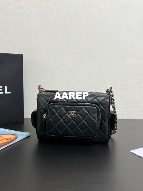 Replica Chanel 24P Medium Camera Case Shiny Crumpled Lambskin AS5156 Black 3