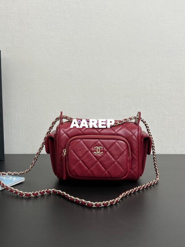 Replica Chanel 24P Small Camera Case Shiny Crumpled Lambskin AS5220 Burgundy 3
