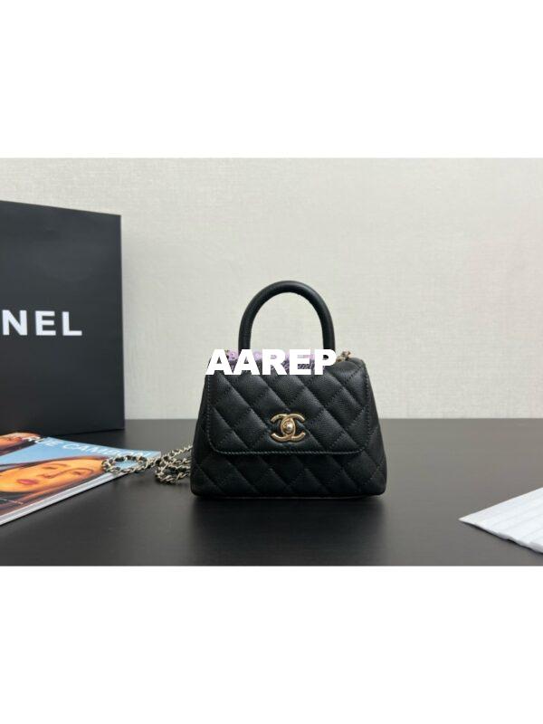 Replica Chanel Mini Coco Handle Bag in Caviar with Edge Stitching AS2215 in Light Gold Hardware Black and calf 3