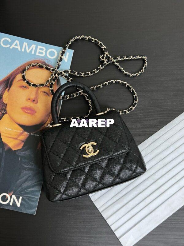 Replica Chanel Mini Coco Handle Bag in Caviar with Edge Stitching AS2215 in Light Gold Hardware Black and calf 4