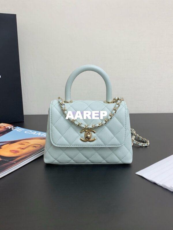Replica Chanel Mini Coco Handle Bag in Caviar with Edge Stitching AS2215 in Light Gold Hardware Light Blue