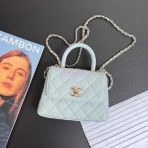 Replica Chanel Mini Coco Handle Bag in Caviar with Edge Stitching AS2215 in Light Gold Hardware Light Blue 2