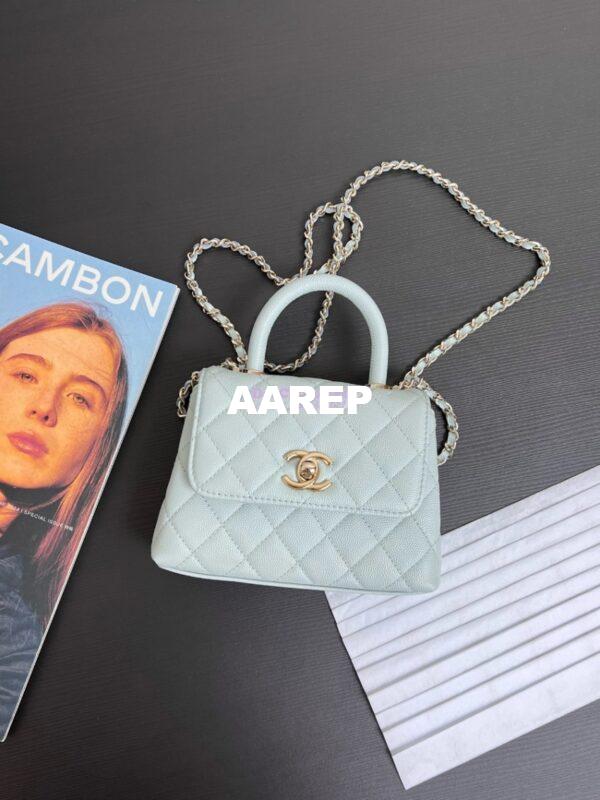 Replica Chanel Mini Coco Handle Bag in Caviar with Edge Stitching AS2215 in Light Gold Hardware Light Blue 2
