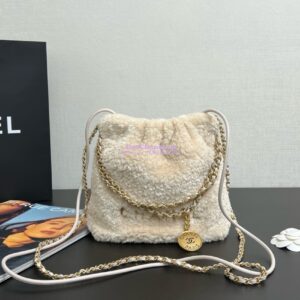 Replica Chanel Mini 22 Handbag Shearling Lambskin & Gold Metal AS3980 Ecru
