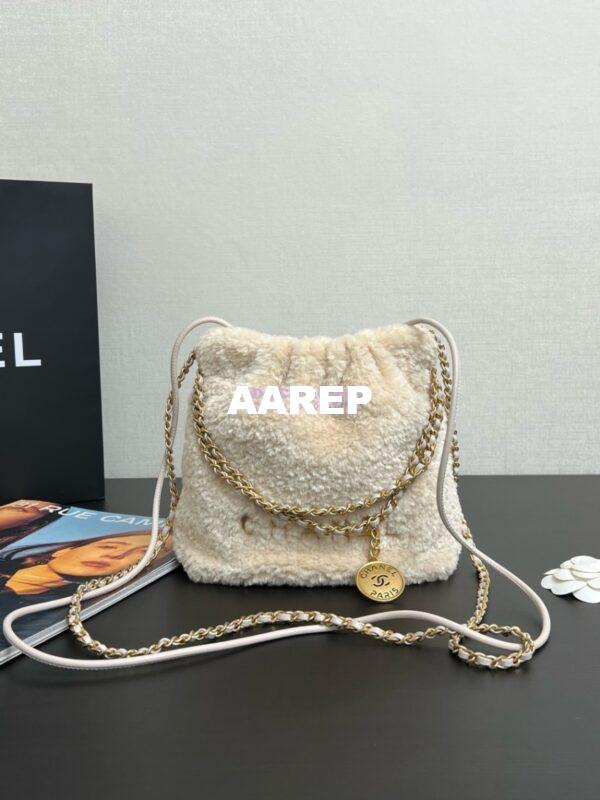 Replica Chanel Mini 22 Handbag Shearling Lambskin & Gold Metal AS3980 Ecru