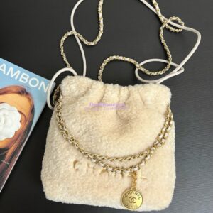 Replica Chanel Mini 22 Handbag Shearling Lambskin & Gold Metal AS3980 Ecru 2