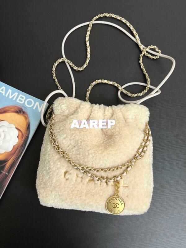 Replica Chanel Mini 22 Handbag Shearling Lambskin & Gold Metal AS3980 Ecru 2