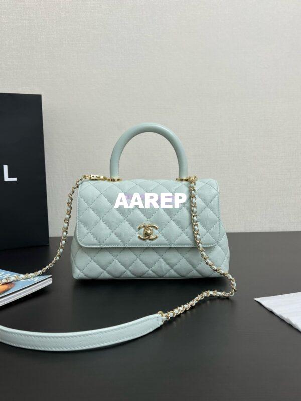 Replica Chanel Coco Handle Bag in Caviar with Edge Stitching 92990 92991 in Light Gold Hardware Light Blue
