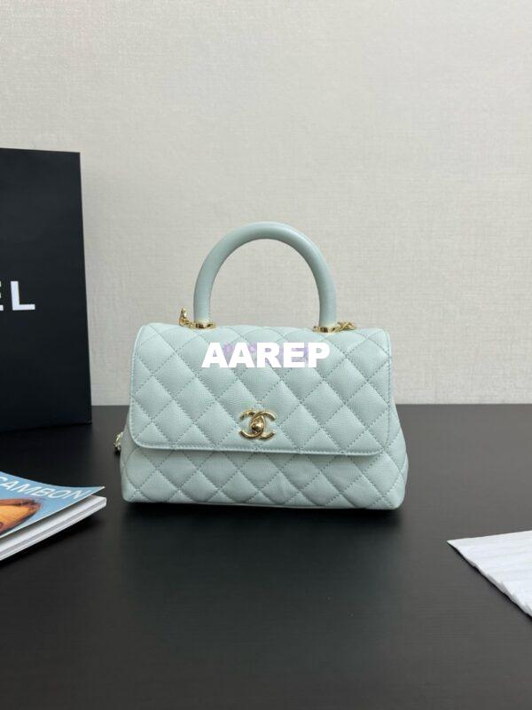 Replica Chanel Coco Handle Bag in Caviar with Edge Stitching 92990 92991 in Light Gold Hardware Light Blue 2
