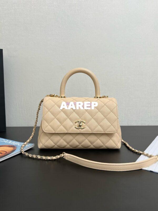 Replica Chanel Coco Handle Bag in Caviar with Edge Stitching 92990 92991 in Light Gold Hardware Light Beige