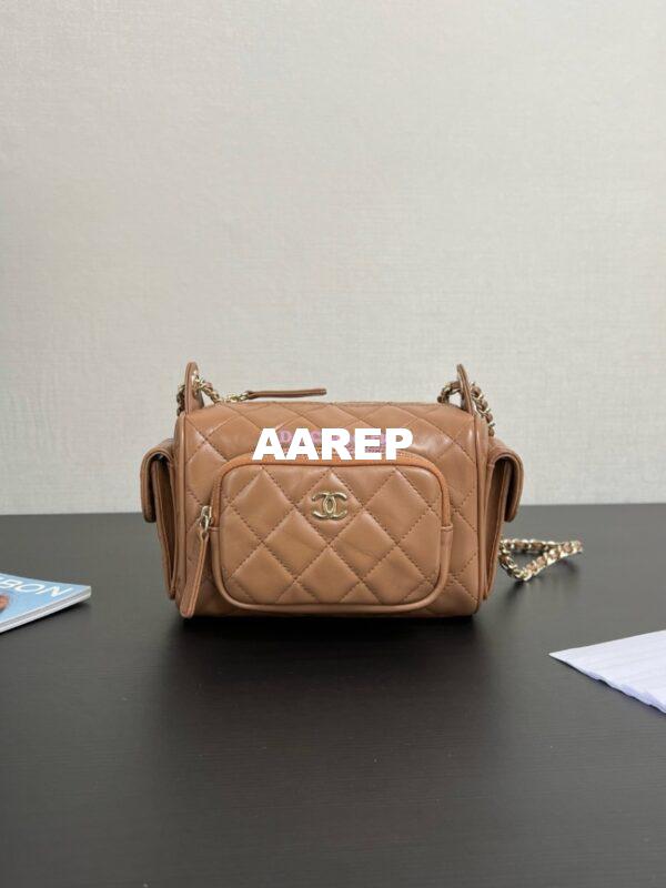 Replica Chanel 24P Small Camera Case Shiny Crumpled Lambskin AS5220 Dark Beige 3